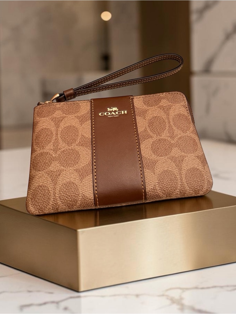 Coach Corner Zip Wristlet Signature Canvas Stripe Brown NWT